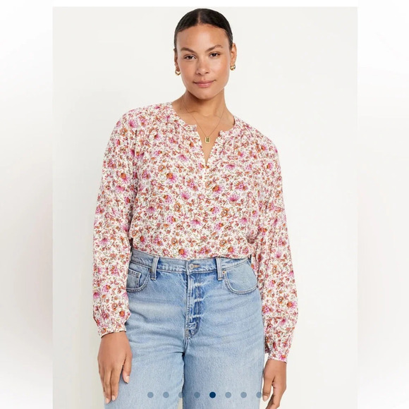 NWT old navy size XL Loose Fit Button Up Floral Blouse Shirt rayon new pink - Picture 2 of 9